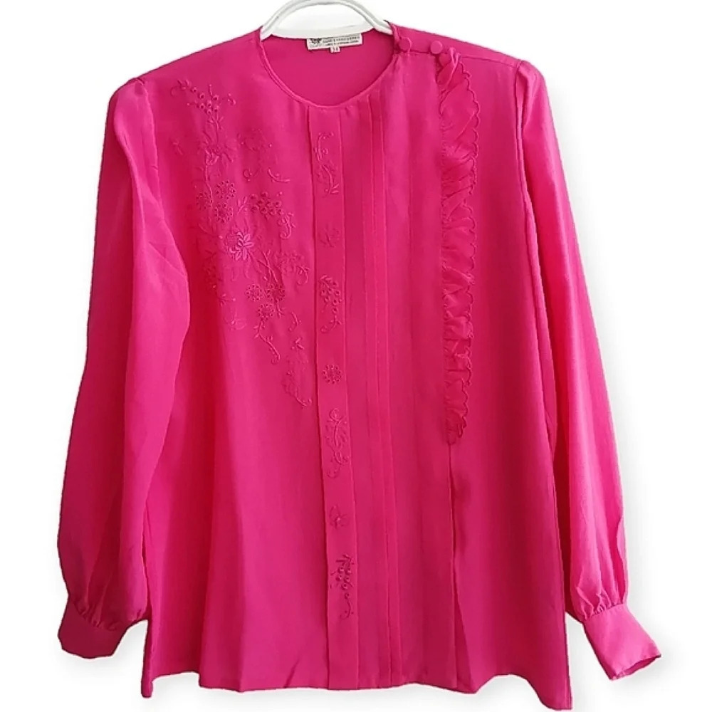 Vintage Peony Pure Silk Hand Embroidered Pink Long Sleeve Blouse Size 34 Small